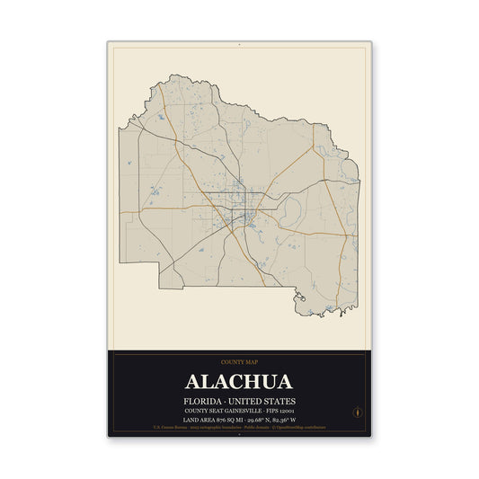 Alachua County, Florida Map Aluminum Sign in Museum Plaque style