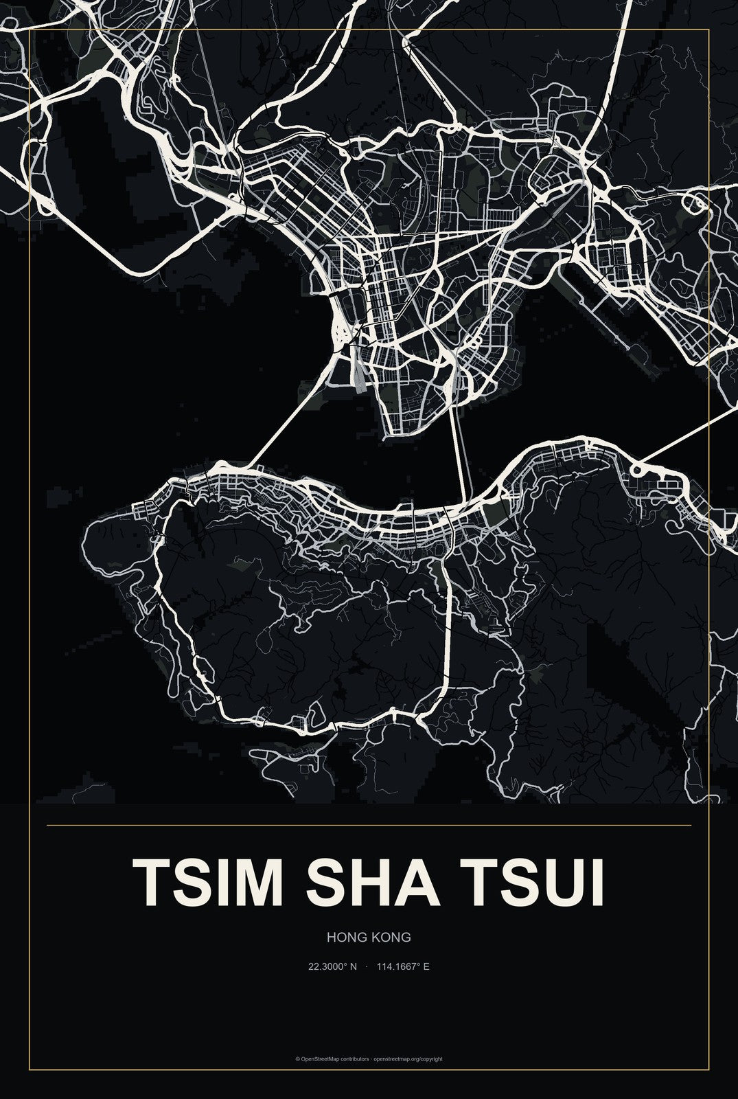 Tsim Sha Tsui, Hong Kong City Map Aluminum Sign in Metropolitan Noir style