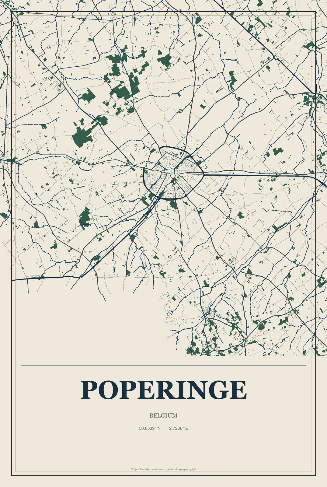 Poperinge, Belgium City Map Aluminum Sign in Coastal Cutout style