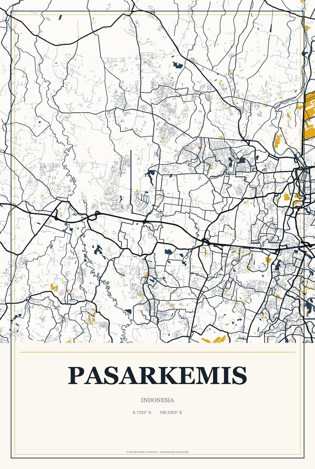 Pasarkemis, Indonesia City Map Aluminum Sign in Citrine Modern style