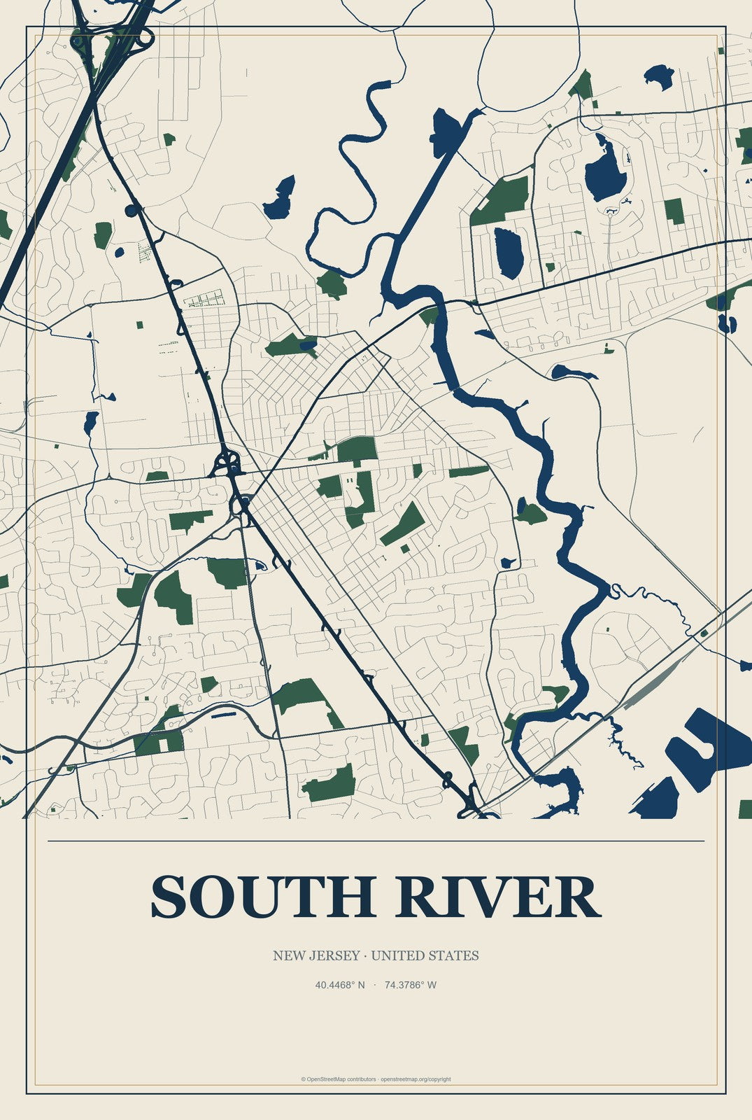 South River, New Jersey City Map Aluminum Sign in Coastal Cutout style