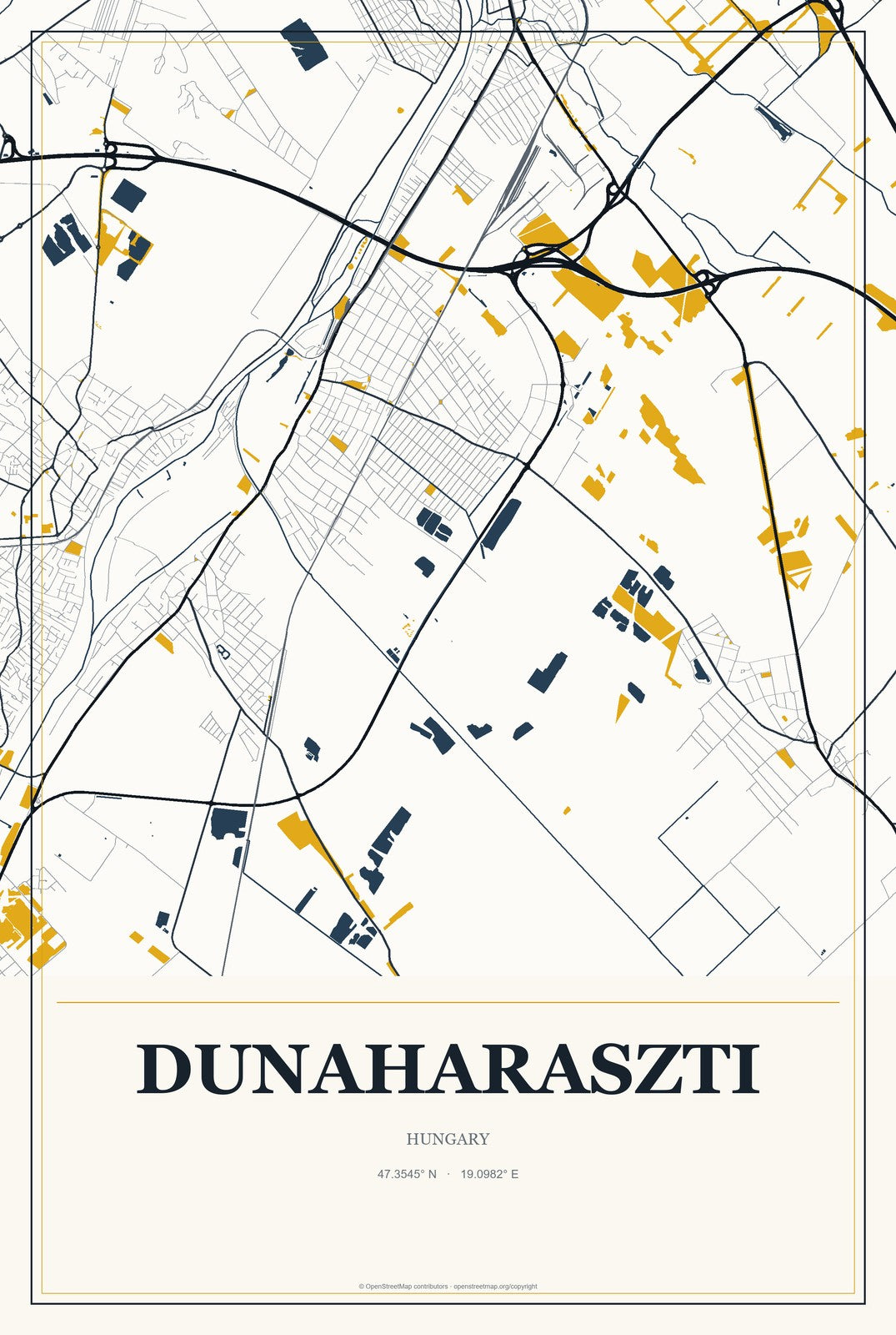 Dunaharaszti, Hungary City Map Aluminum Sign in Citrine Modern style