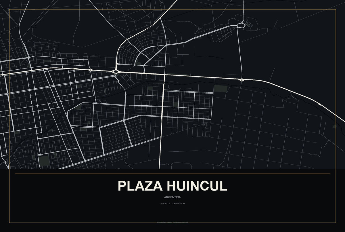 Plaza Huincul, Argentina City Map Aluminum Sign in Metropolitan Noir style