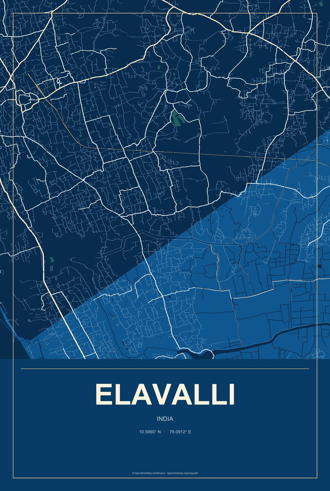 Elavalli, India City Map Aluminum Sign in Harbor Cobalt style
