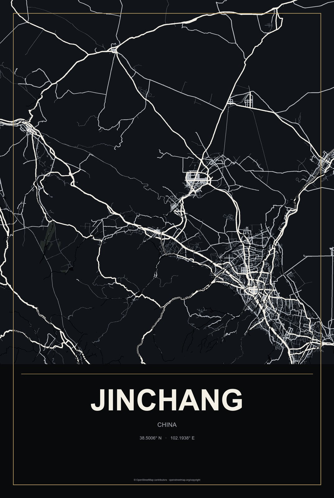 Jinchang, China City Map Aluminum Sign in Metropolitan Noir style