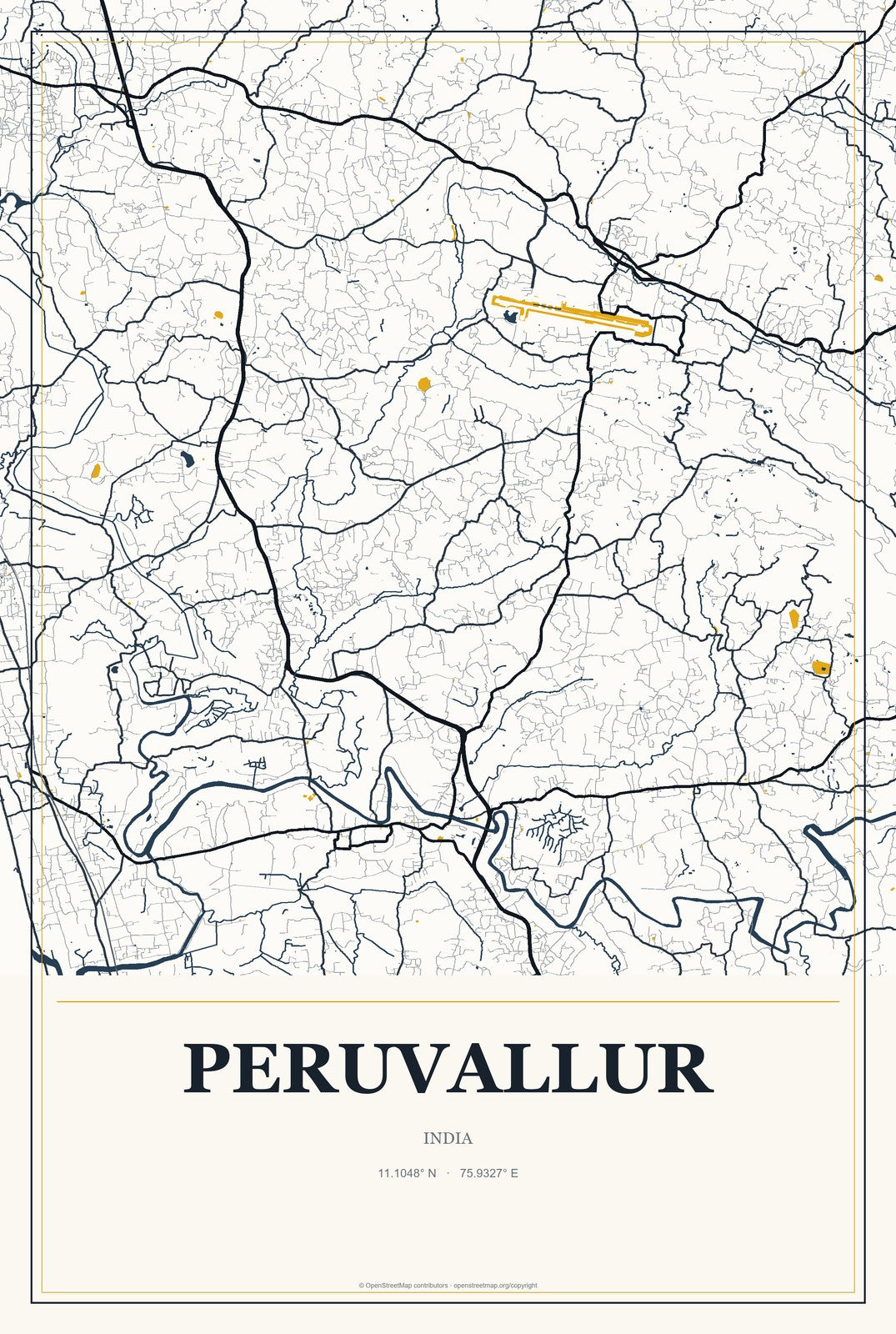 Peruvallur, India City Map Aluminum Sign in Citrine Modern style