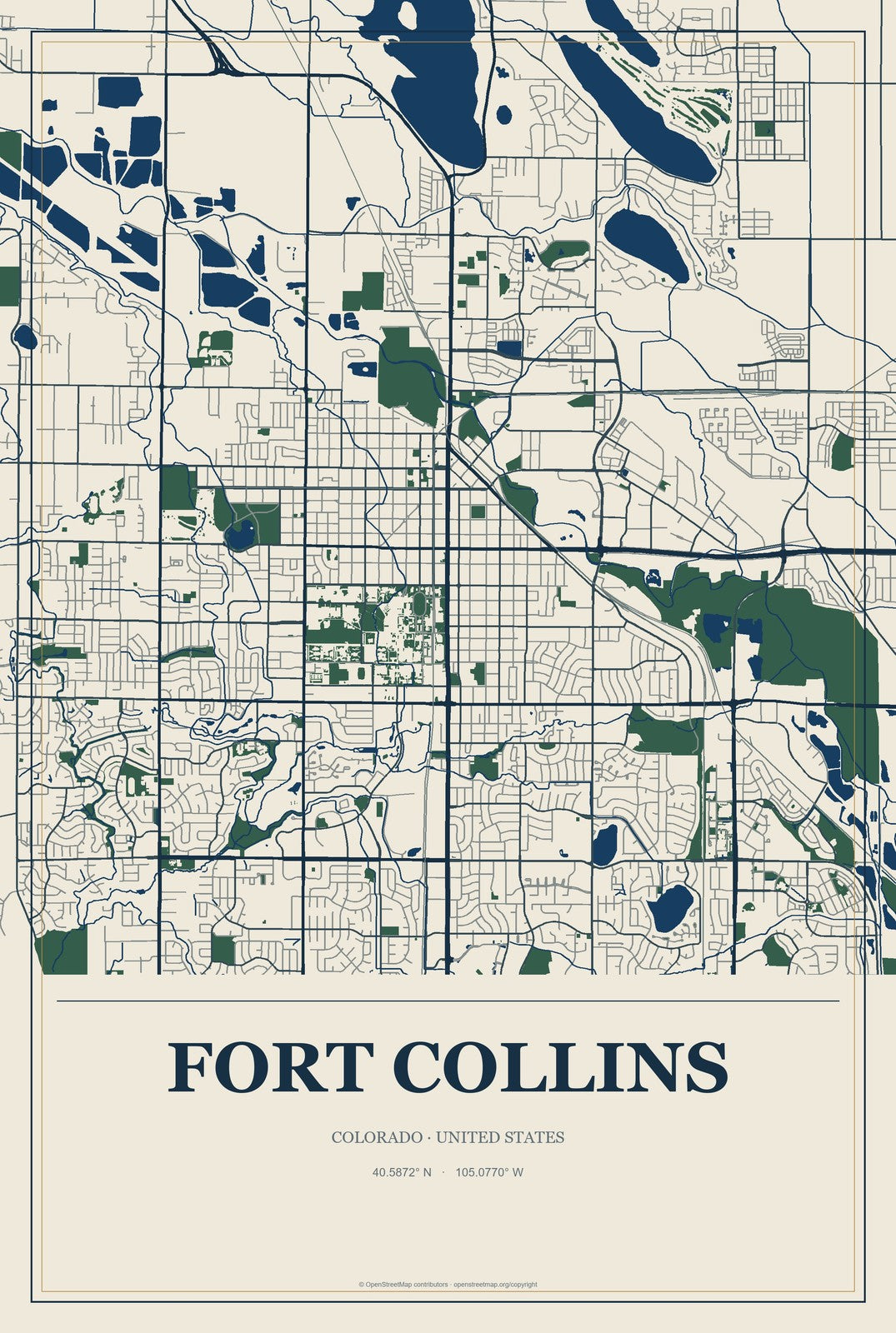 Fort Collins, Colorado City Map Aluminum Sign in Coastal Cutout style