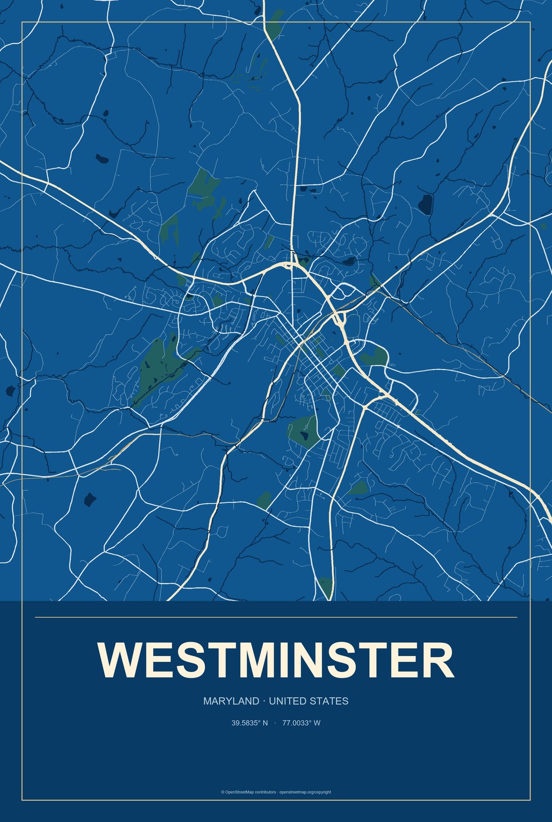 Westminster, Maryland City Map Aluminum Sign in Harbor Cobalt style