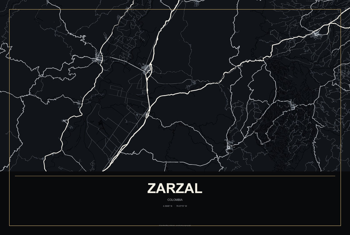 Zarzal, Colombia City Map Aluminum Sign in Metropolitan Noir style