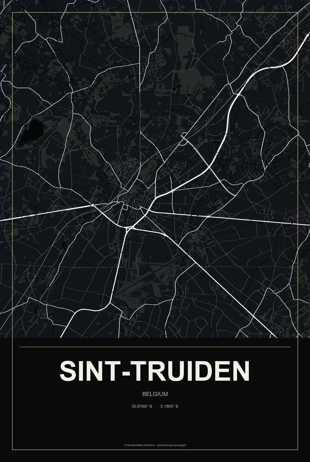 Sint-Truiden, Belgium City Map Aluminum Sign in Metropolitan Noir style