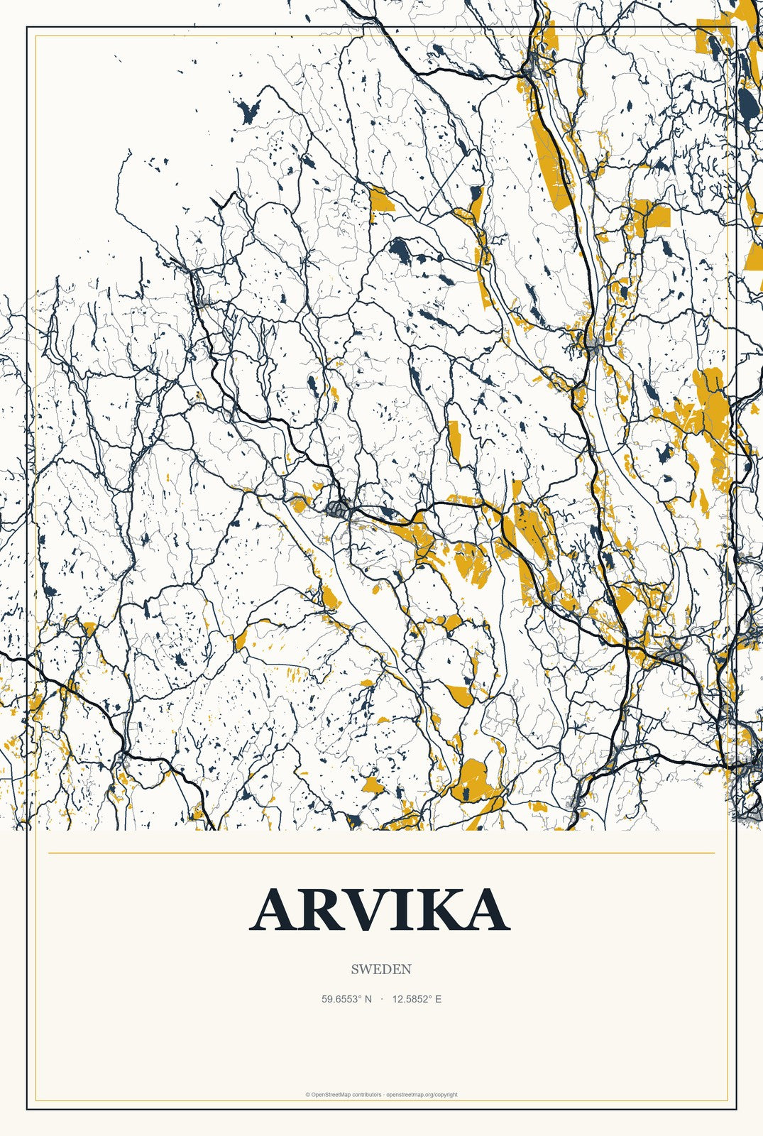 Arvika, Sweden City Map Aluminum Sign in Citrine Modern style