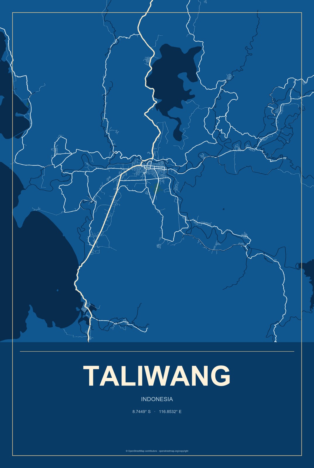 Taliwang, Indonesia City Map Aluminum Sign in Harbor Cobalt style