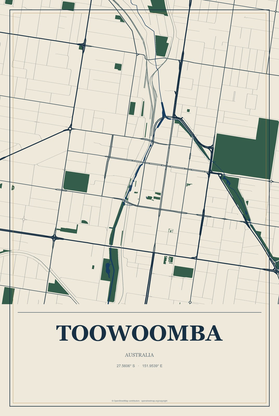 Toowoomba, Australia City Map Aluminum Sign in Coastal Cutout style