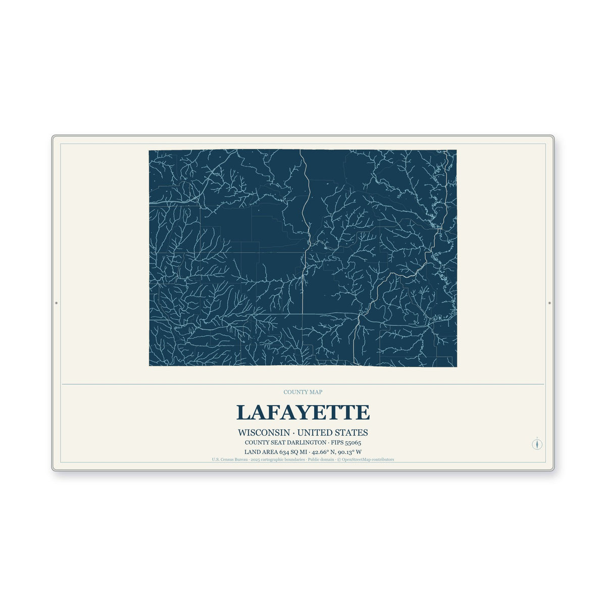 Lafayette County, Wisconsin Map Aluminum Sign in Coastal Cutout style