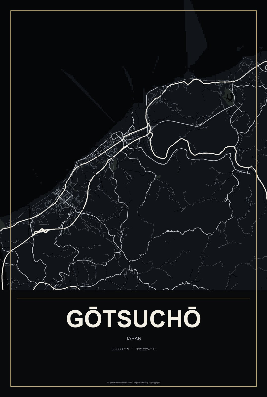 Gōtsuchō, Japan City Map Aluminum Sign in Metropolitan Noir style