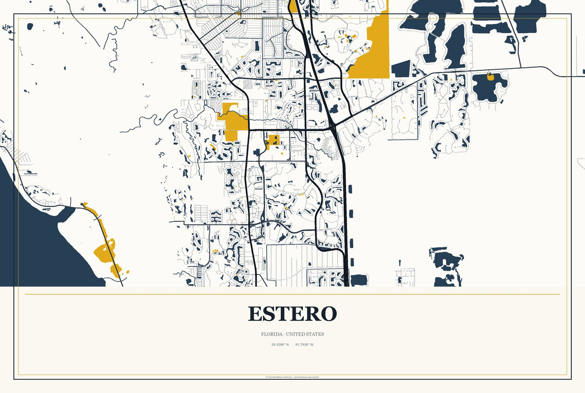 Estero, Florida City Map Aluminum Sign in Citrine Modern style