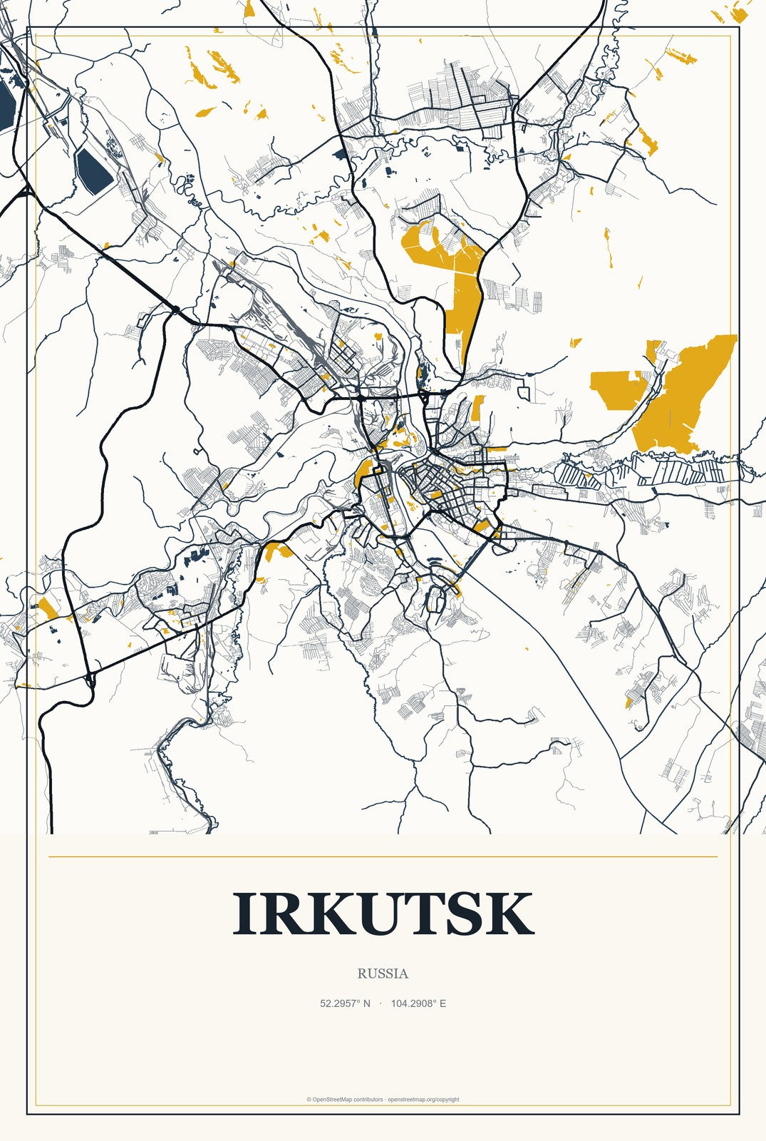 Irkutsk, Russia City Map Aluminum Sign in Citrine Modern style
