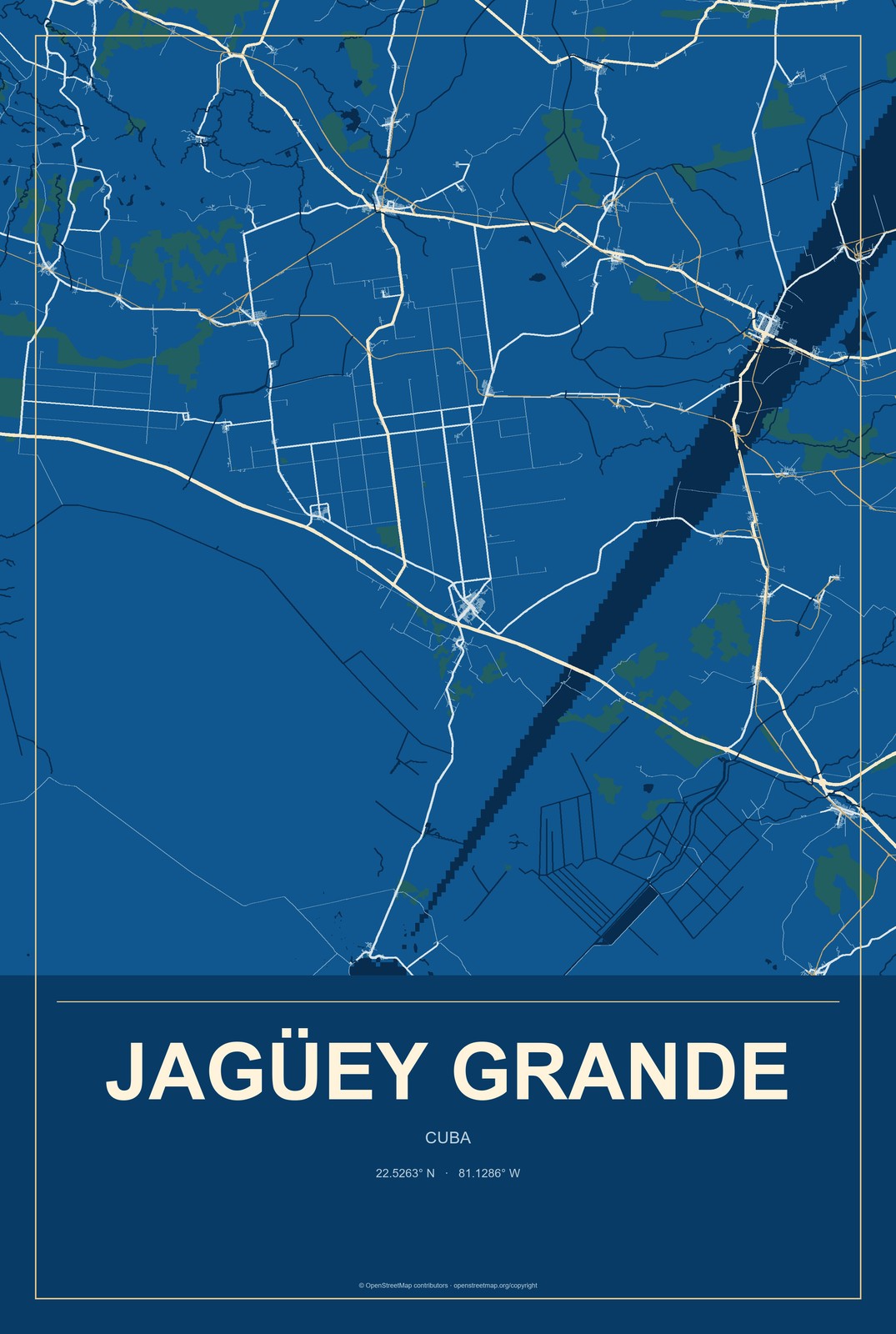 Jagüey Grande, Cuba City Map Aluminum Sign in Harbor Cobalt style
