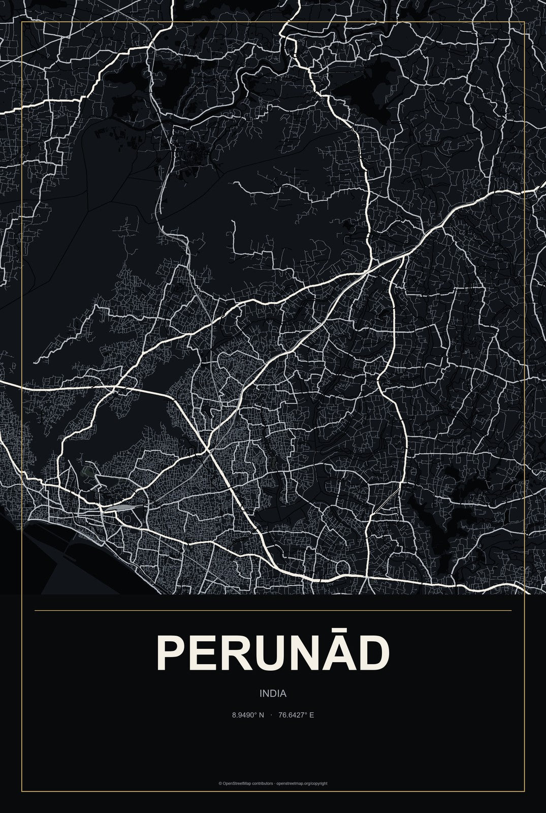 Perunād, India City Map Aluminum Sign in Metropolitan Noir style
