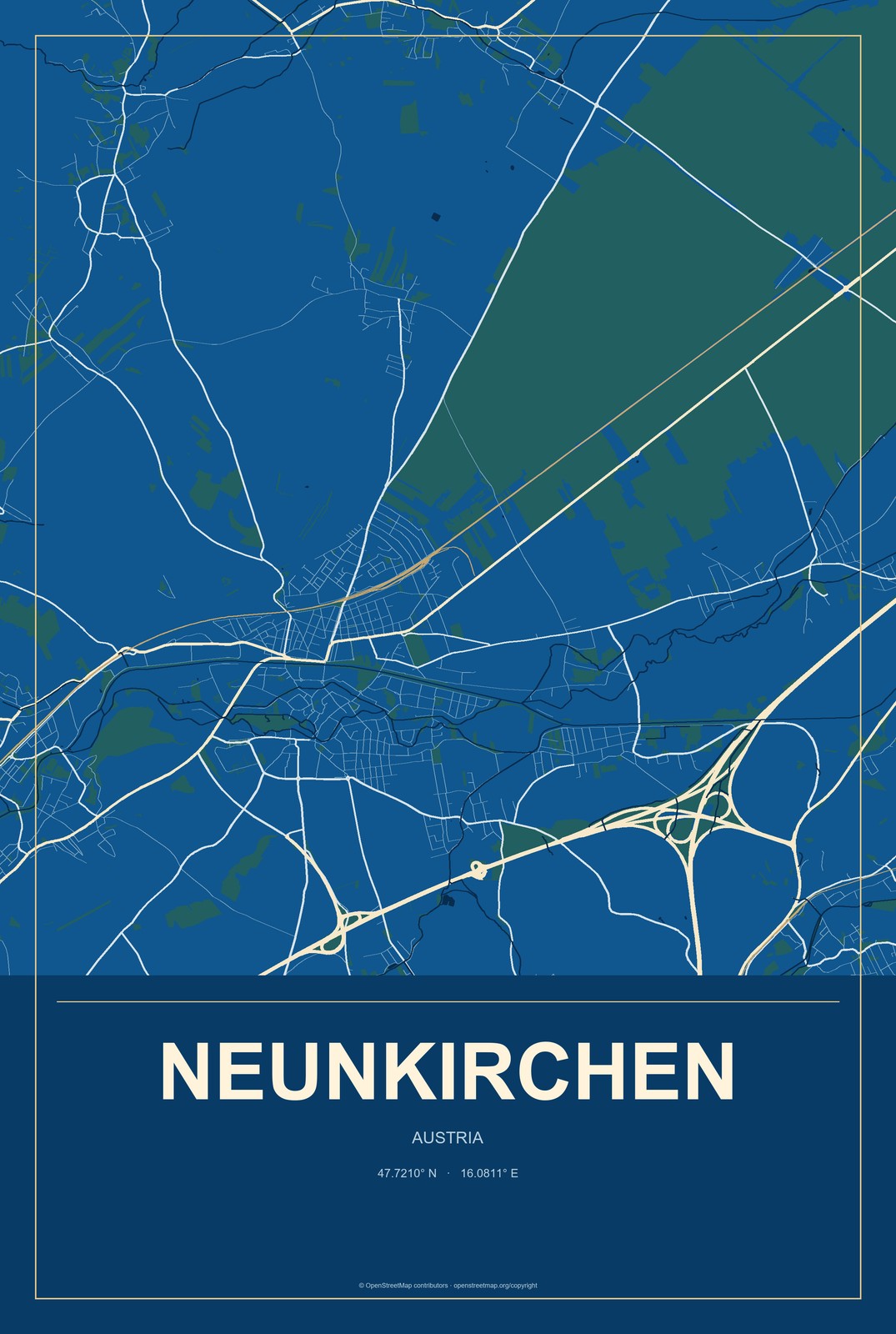 Neunkirchen, Austria City Map Aluminum Sign in Harbor Cobalt style