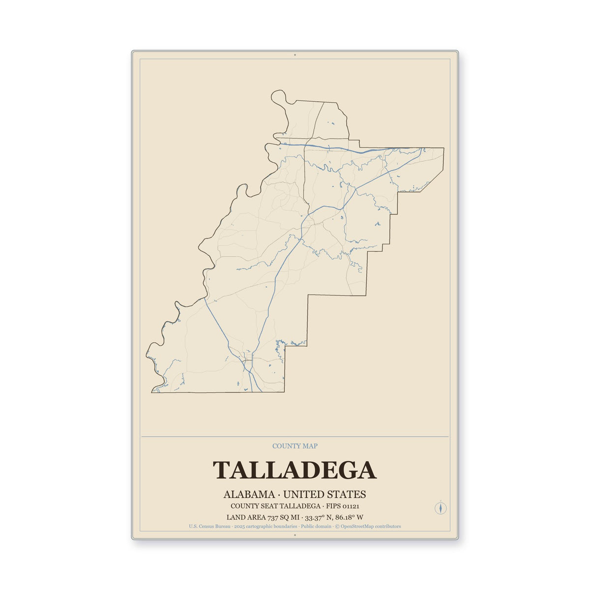 Talladega County, Alabama Map Aluminum Sign in Heritage Nautical style