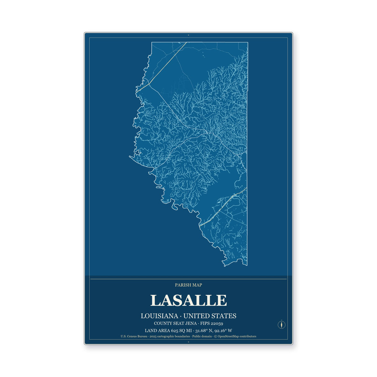 LaSalle Parish, Louisiana Map Aluminum Sign in Harbor Cobalt style