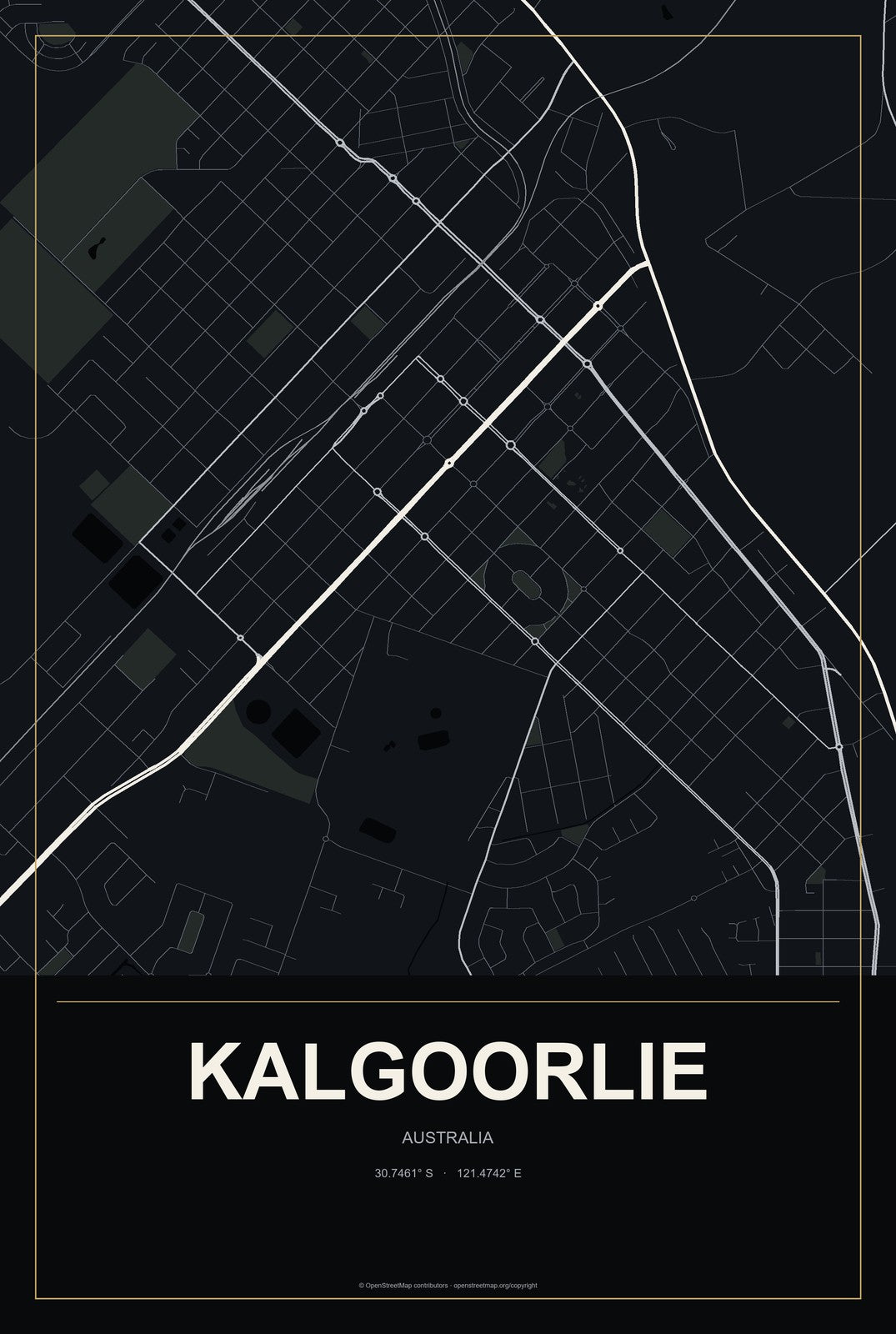Kalgoorlie, Australia City Map Aluminum Sign in Metropolitan Noir style