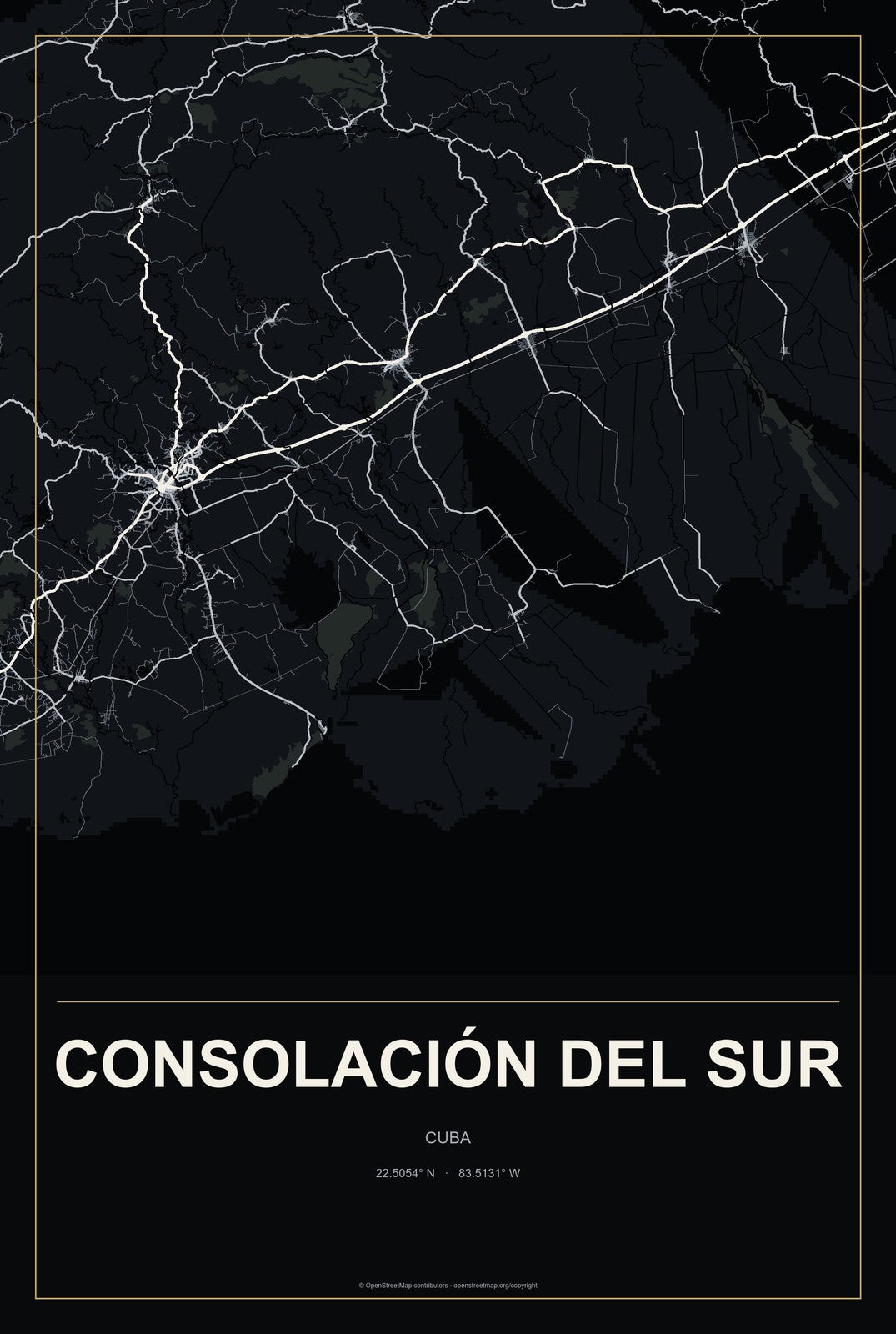 Consolación del Sur, Cuba City Map Aluminum Sign in Metropolitan Noir style