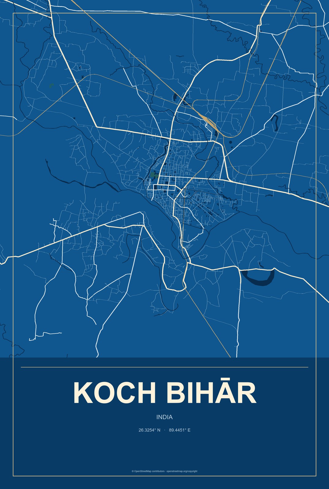 Koch Bihār, India City Map Aluminum Sign in Harbor Cobalt style