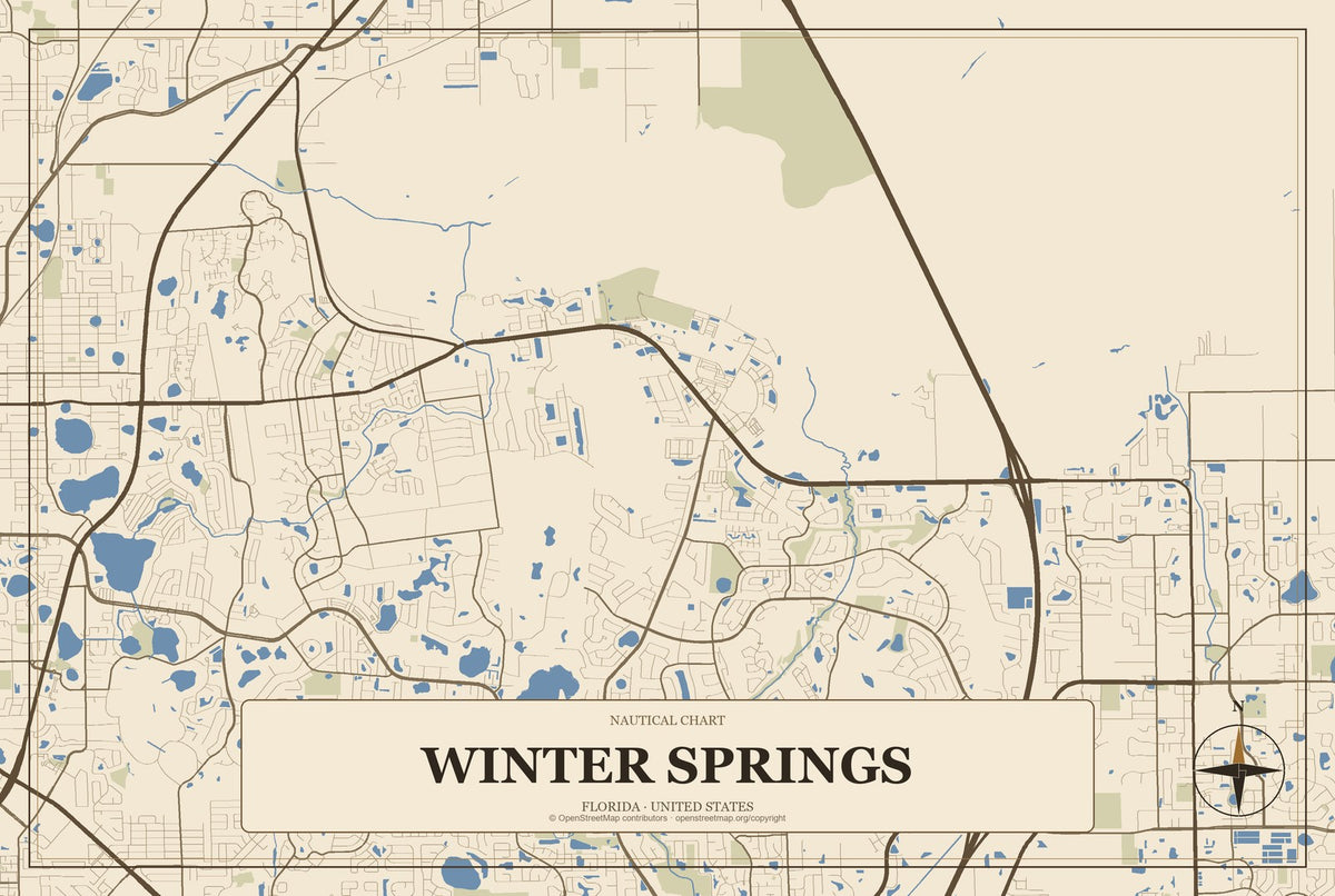 Winter Springs, Florida City Map Aluminum Sign in Heritage Nautical style