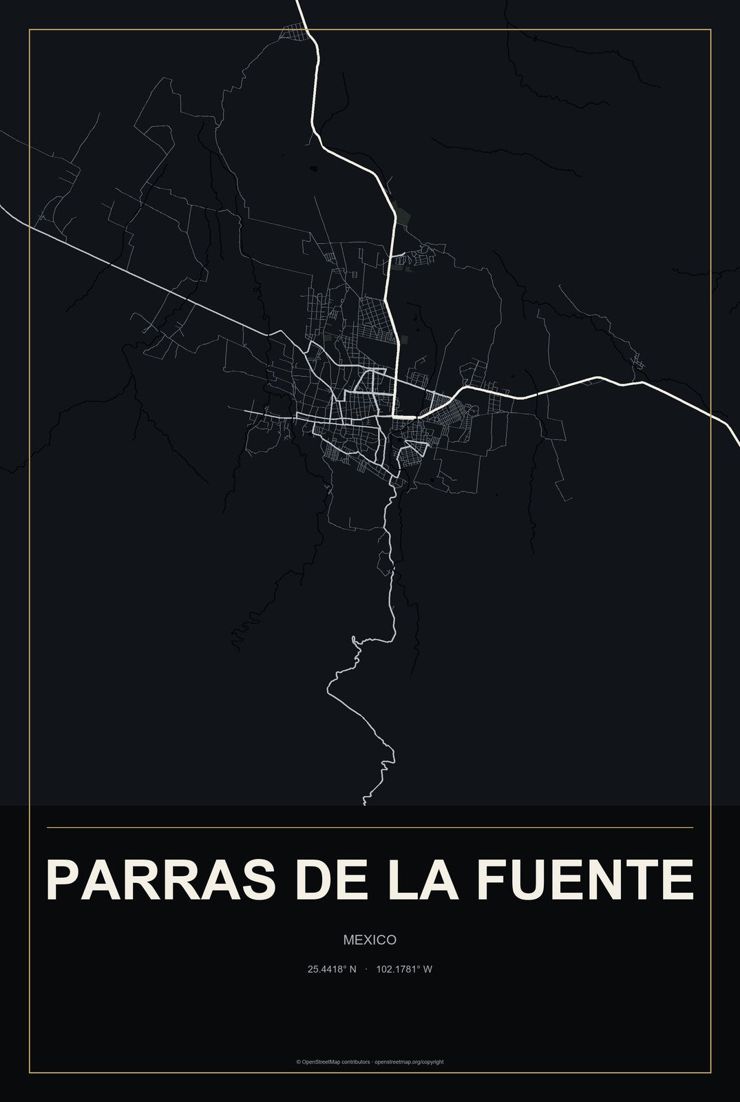 Parras de la Fuente, Mexico City Map Aluminum Sign in Metropolitan Noir style