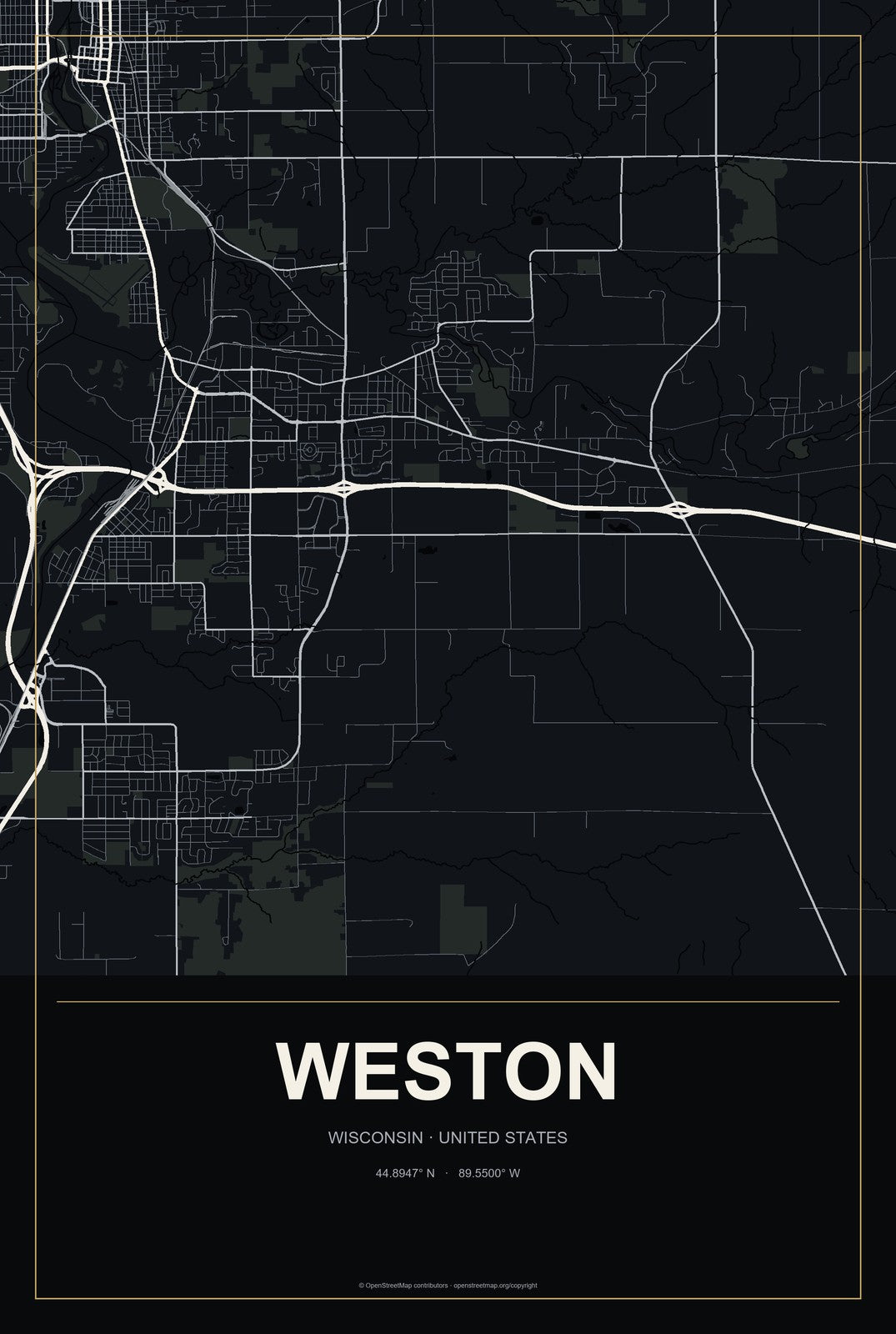 Weston, Wisconsin City Map Aluminum Sign in Metropolitan Noir style