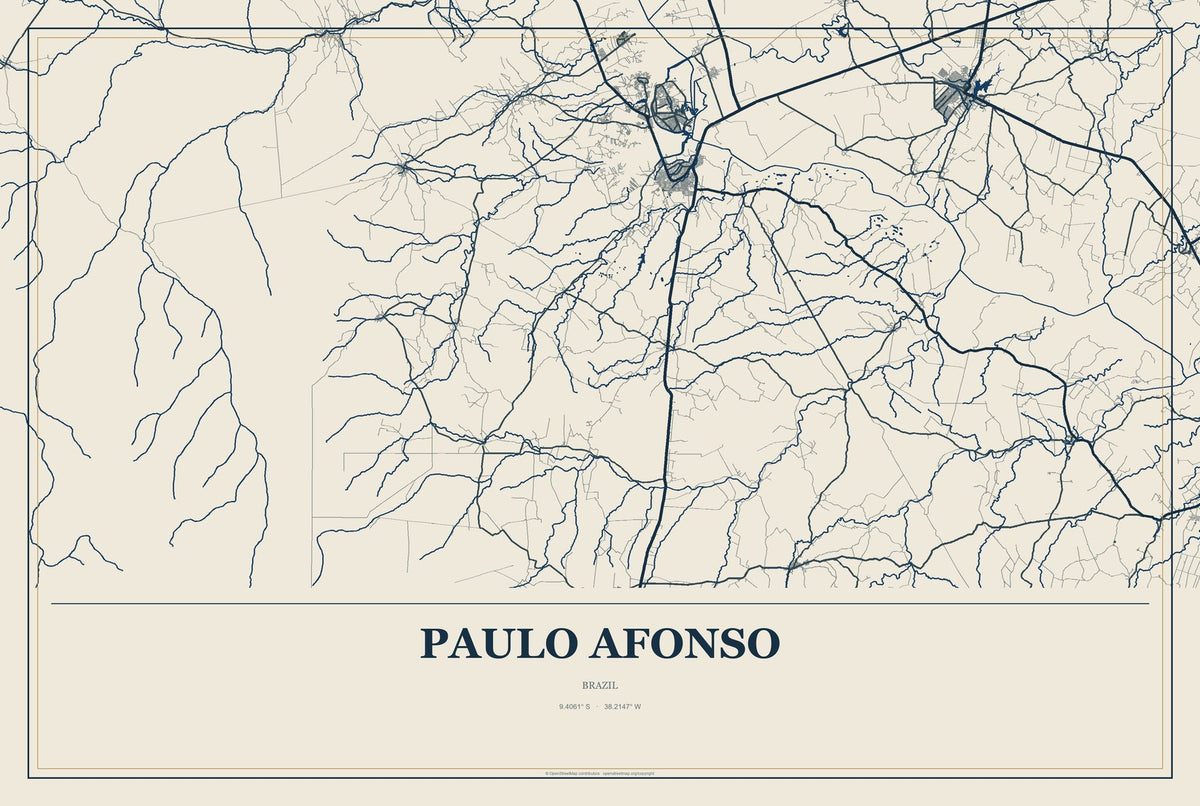 Paulo Afonso, Brazil City Map Aluminum Sign in Coastal Cutout style