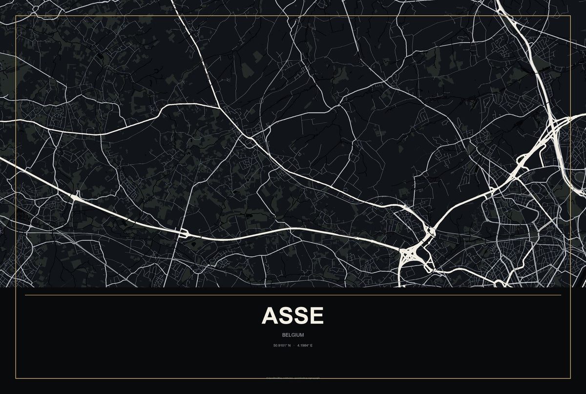 Asse, Belgium City Map Aluminum Sign in Metropolitan Noir style