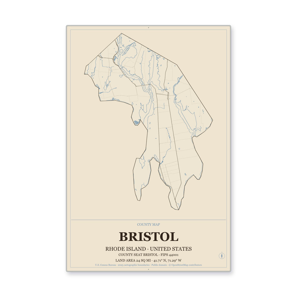 Bristol County, Rhode Island Map Aluminum Sign in Heritage Nautical style