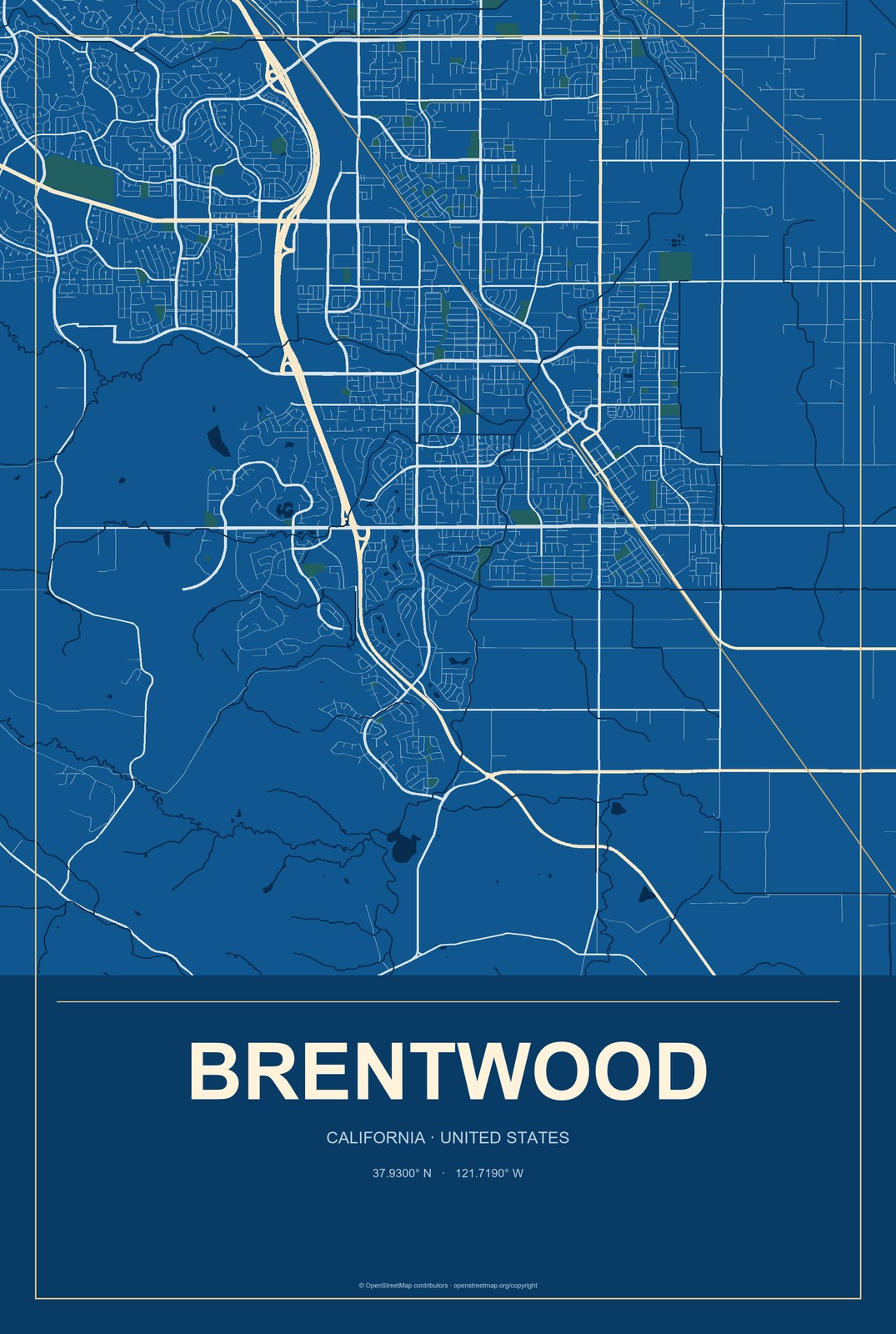 Brentwood, California City Map Aluminum Sign in Harbor Cobalt style
