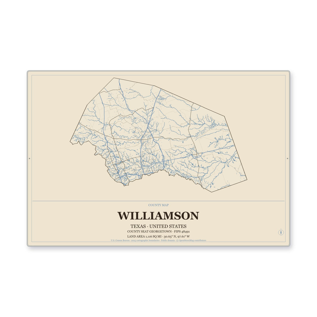 Williamson County, Texas Map Aluminum Sign in Heritage Nautical style