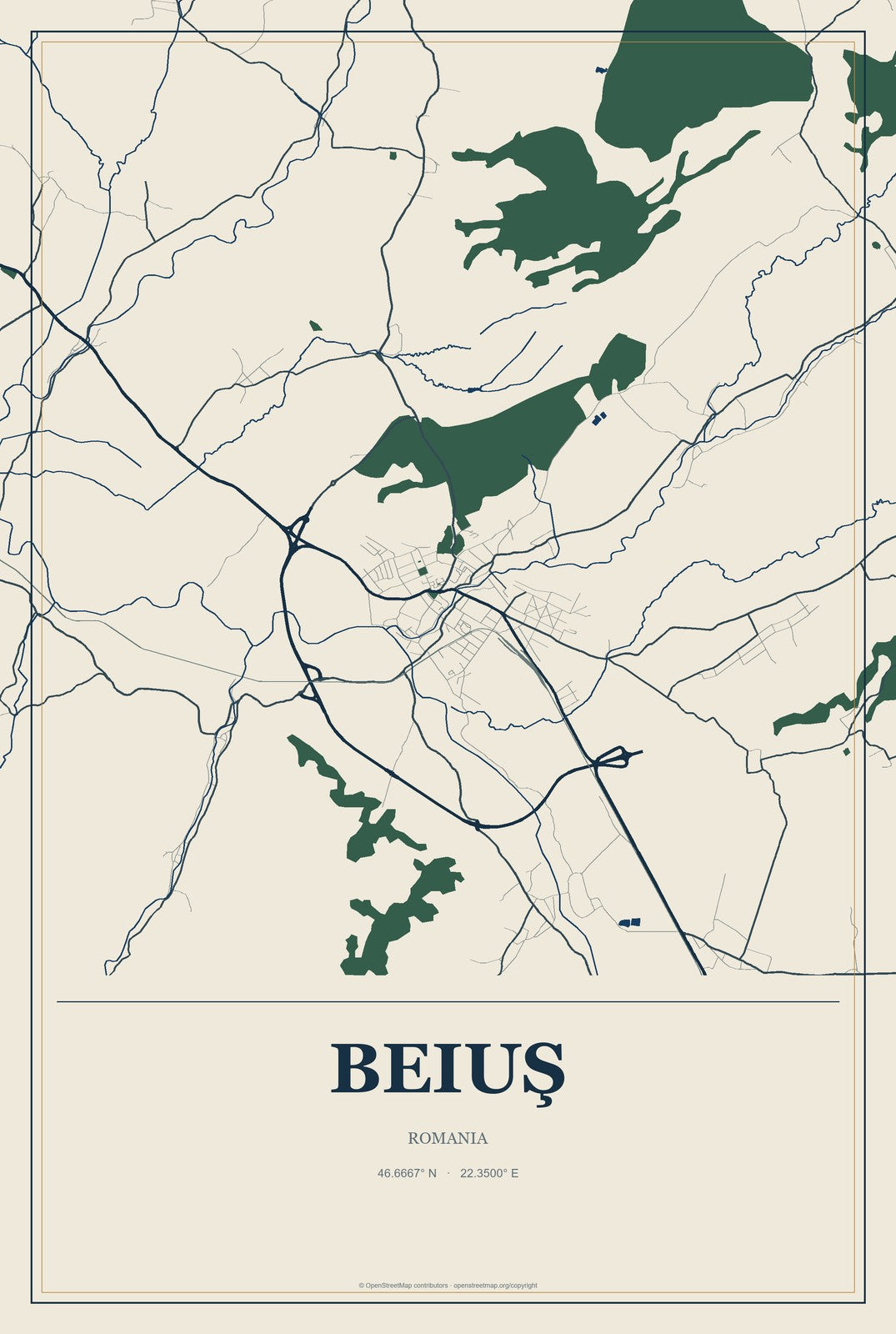 Beiuş, Romania City Map Aluminum Sign in Coastal Cutout style