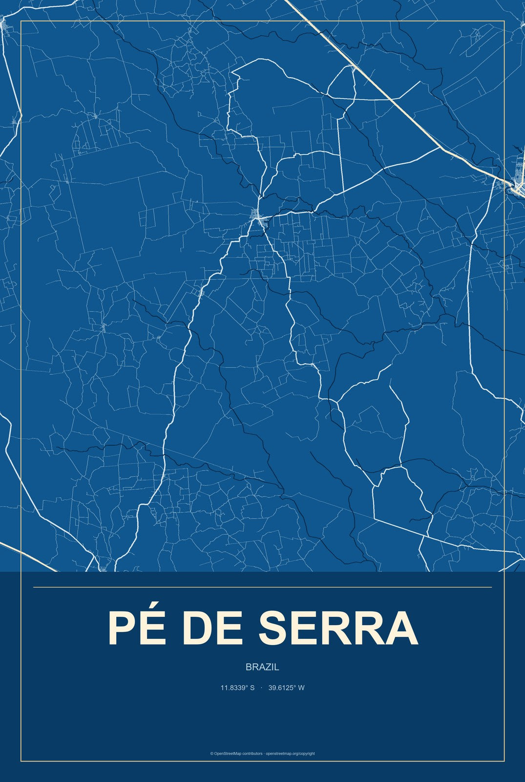 Pé de Serra, Brazil City Map Aluminum Sign in Harbor Cobalt style