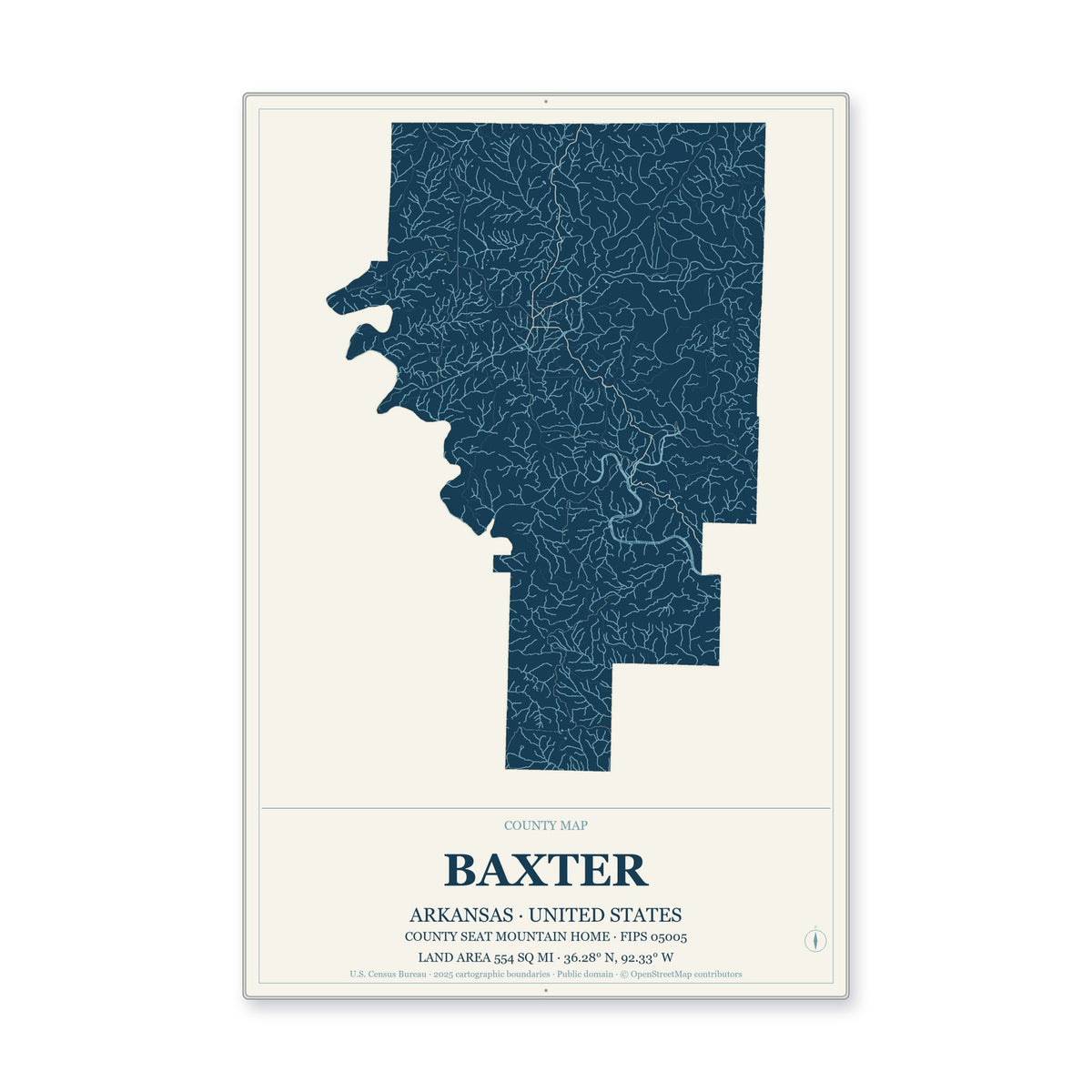 Baxter County, Arkansas Map Aluminum Sign in Coastal Cutout style