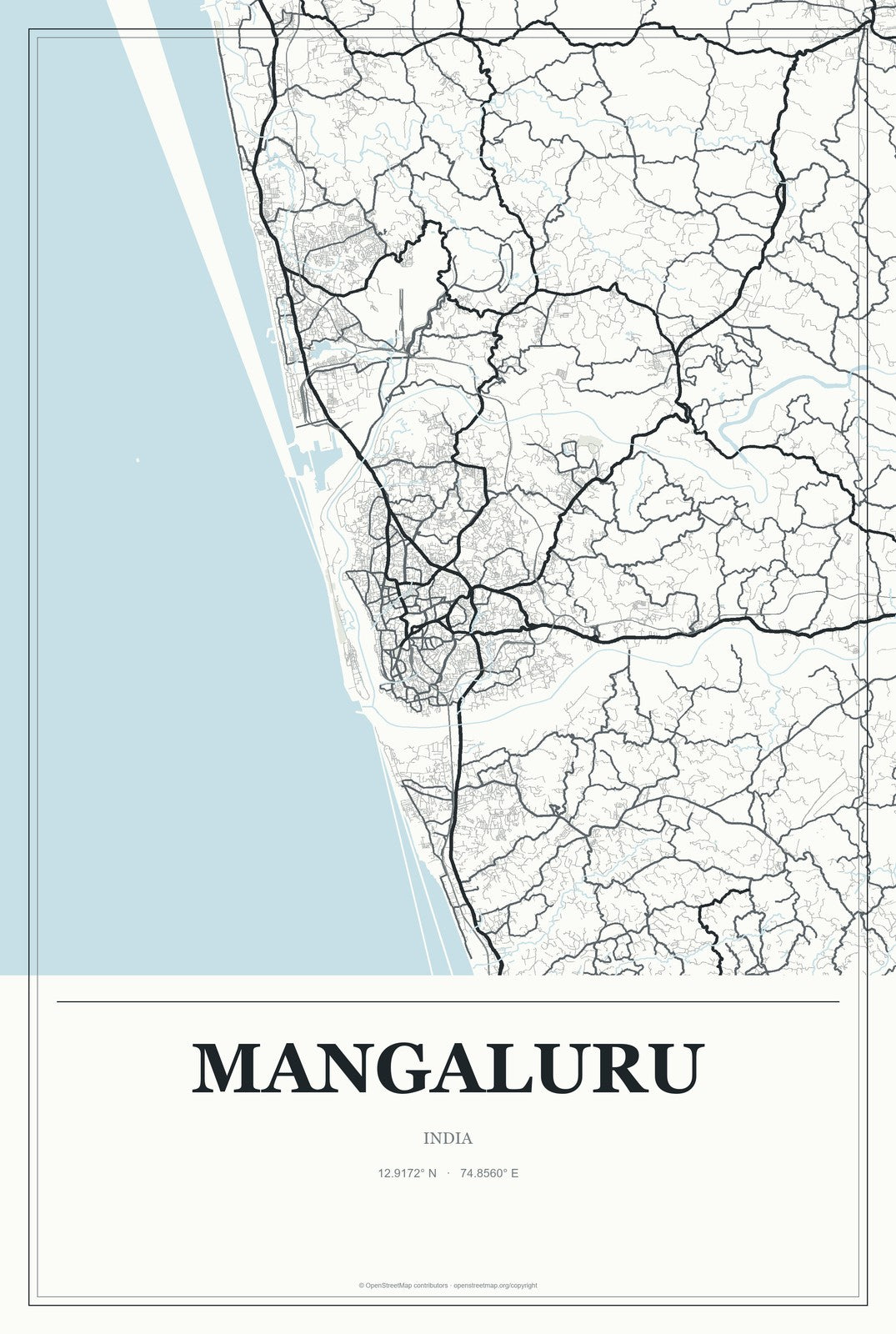 Mangaluru, India City Map Aluminum Sign in Gallery Air style