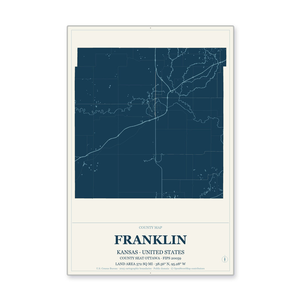Franklin County, Kansas Map Aluminum Sign in Coastal Cutout style