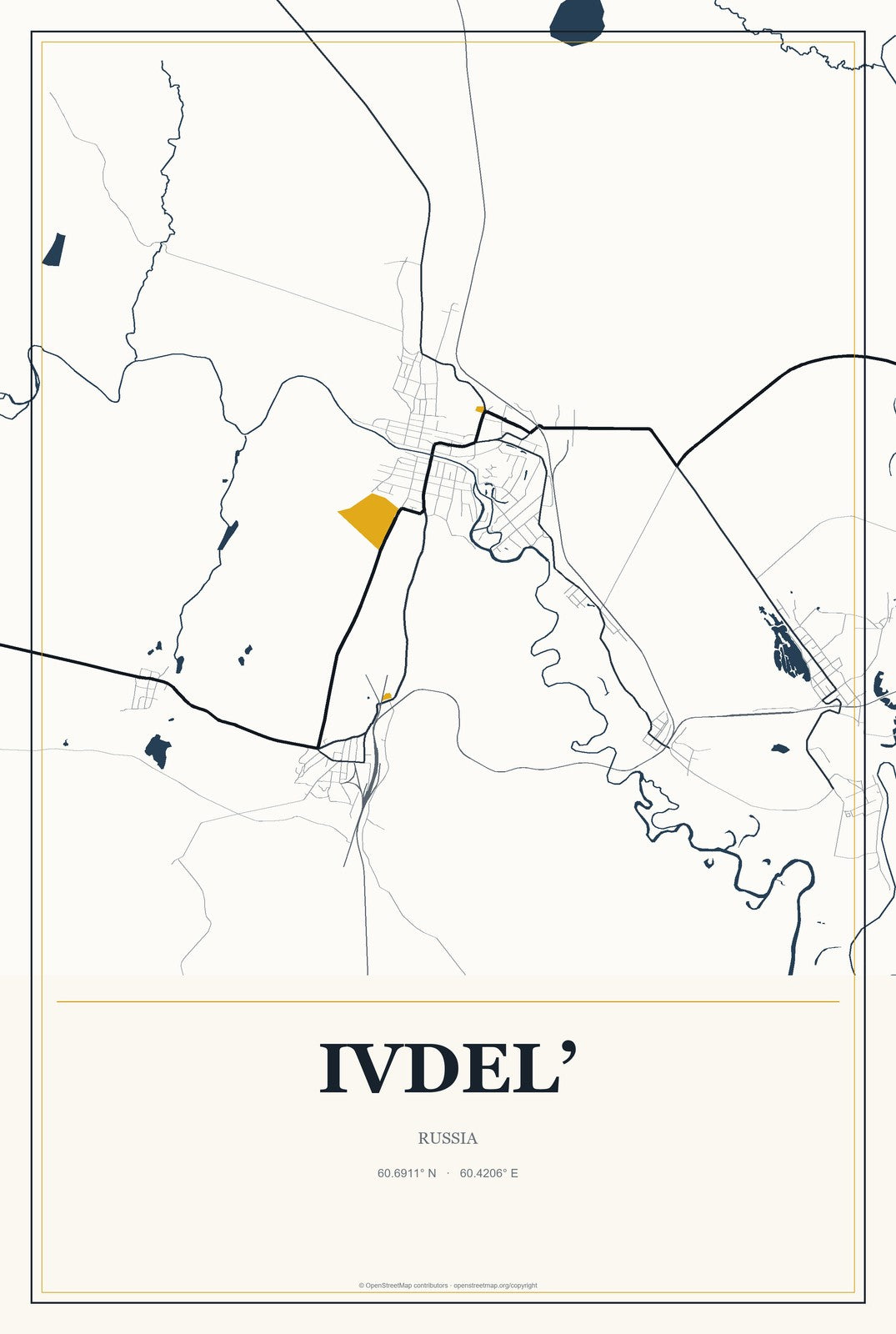 Ivdel’, Russia City Map Aluminum Sign in Citrine Modern style