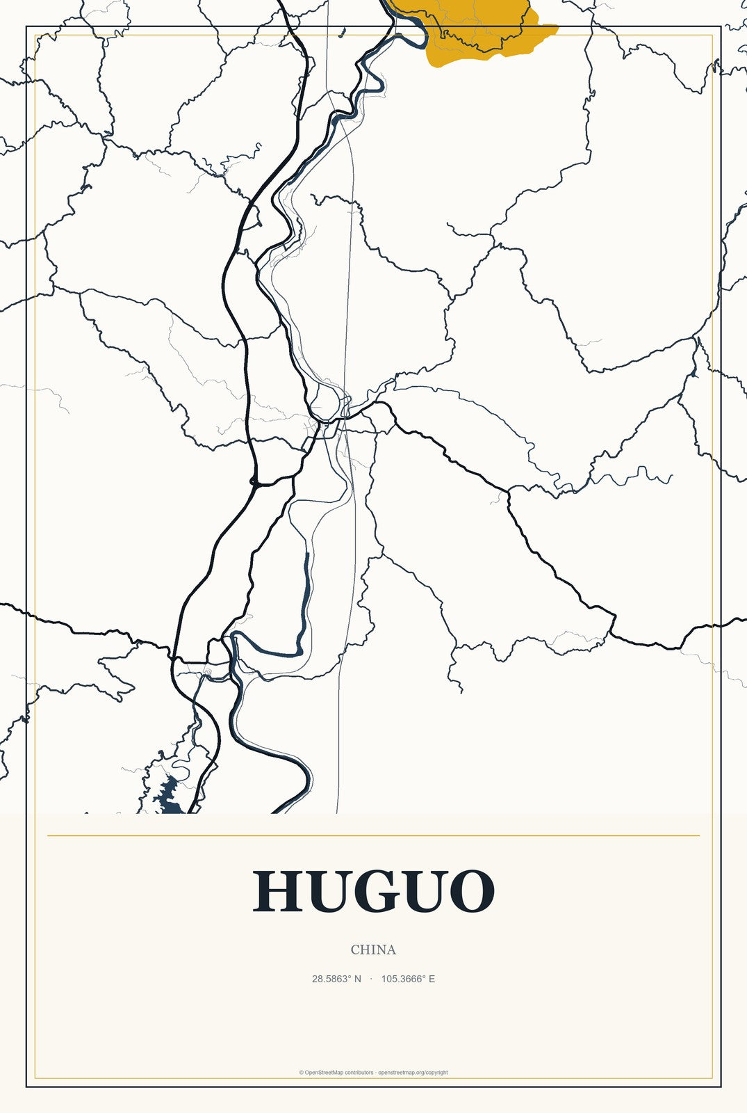 Huguo, China City Map Aluminum Sign in Citrine Modern style