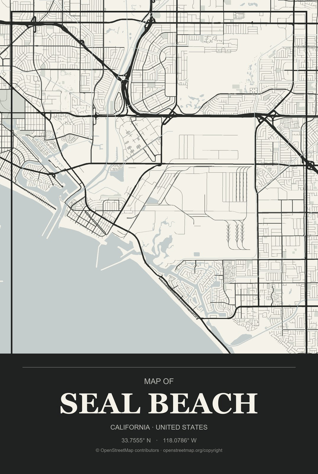 Seal Beach, California City Map Aluminum Sign in Museum Plaque style