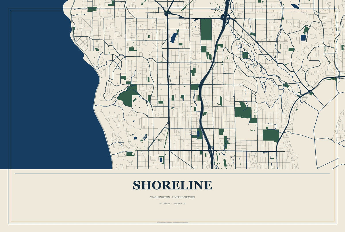 Shoreline, Washington City Map Aluminum Sign in Coastal Cutout style