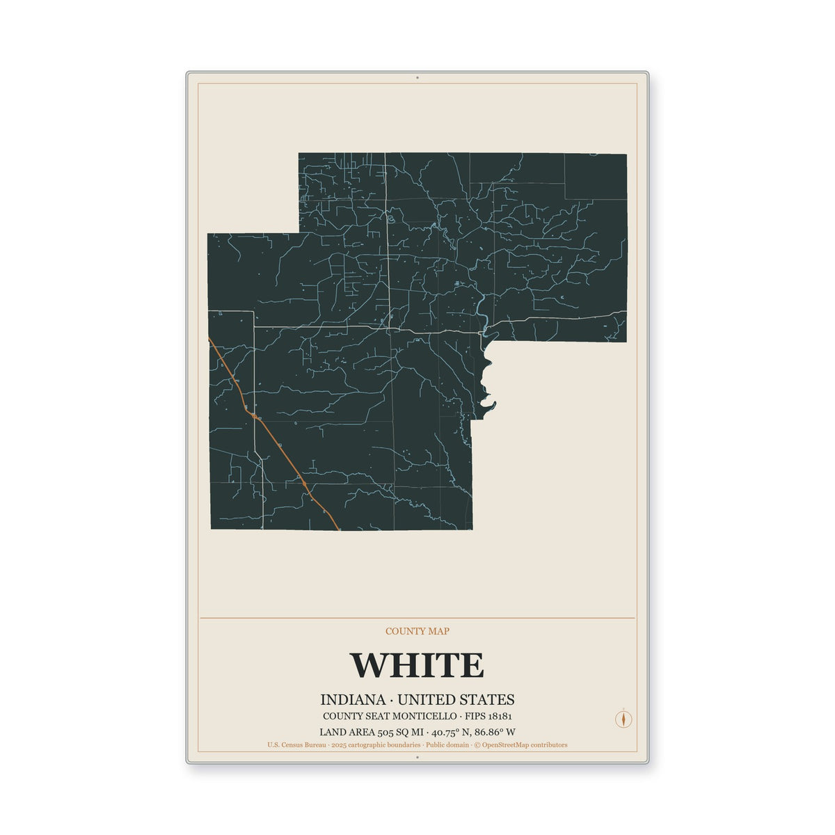 White County, Indiana Map Aluminum Sign in Headline Atlas style