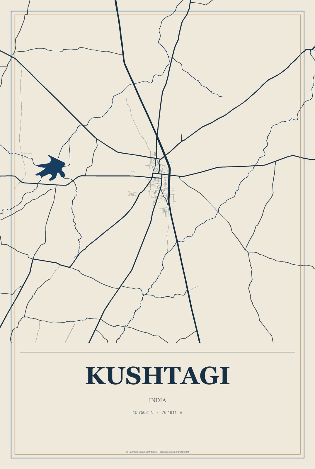 Kushtagi, India City Map Aluminum Sign in Coastal Cutout style