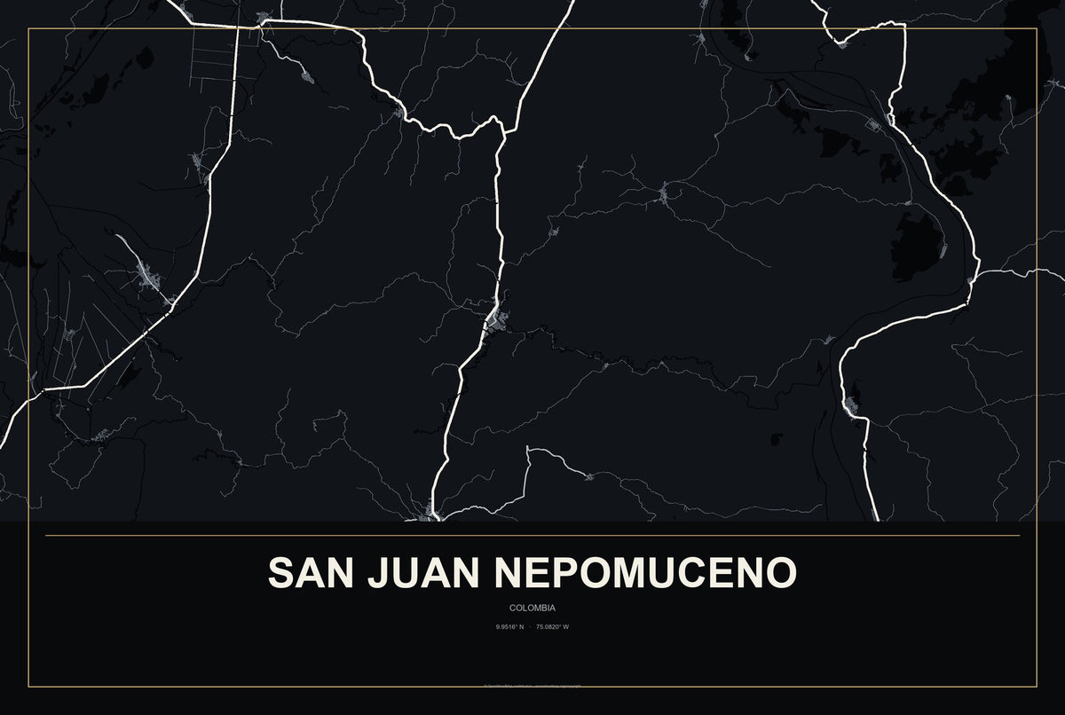 San Juan Nepomuceno, Colombia City Map Aluminum Sign in Metropolitan Noir style
