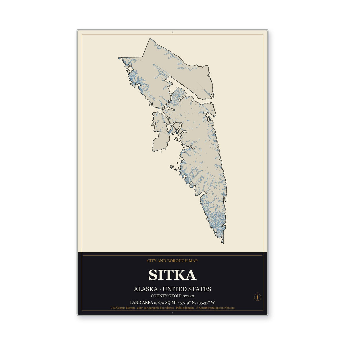 Sitka City and Borough, Alaska Map Aluminum Sign in Museum Plaque style